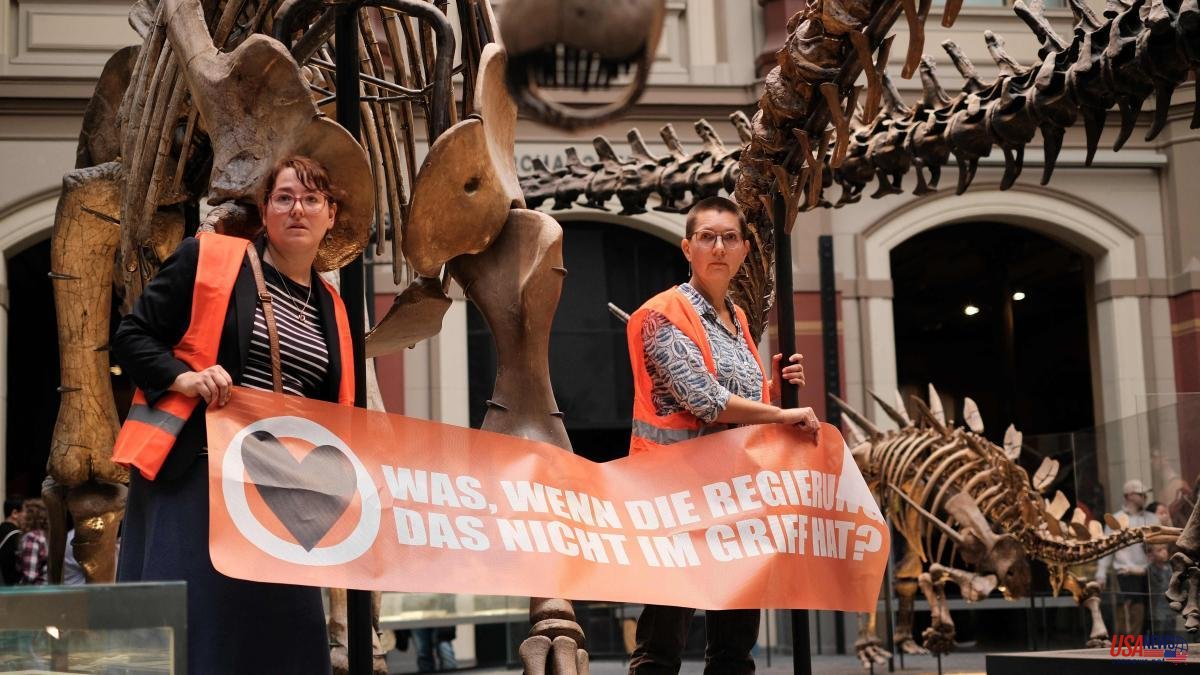 Two activists stick to a dinosaur to call for more action against climate change