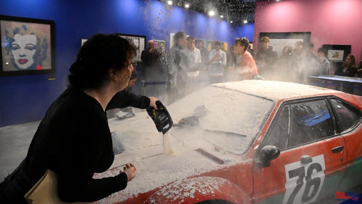 Environmental activists cover a work by Andy Warhol with flour