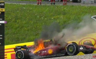Creepy images of Carlos Sainz asking for help from his burning Ferrari
