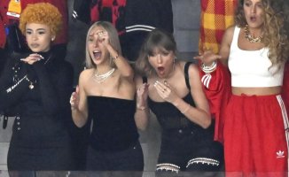 Taylor Swift gets excited cheering on her boyfriend at the Super Bowl